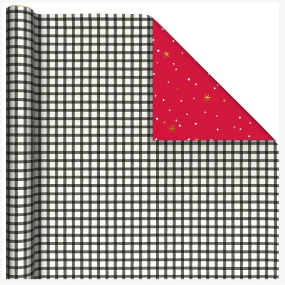 Hallmark Christmas Wrapping Paper Black White Check Red Reversible Roll 35 sq ft - Picture 2 of 6